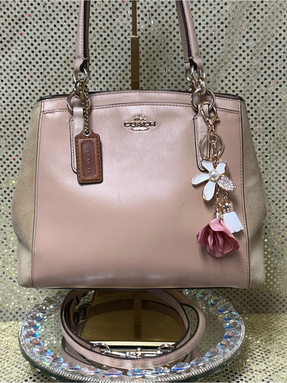 Coach Blush Pink Leather & Suede Shoulder Tote w/Floral Charm Approx. 12 x 9 x 3